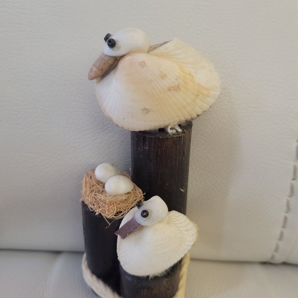 Handcrafted Seashell Pelican Seagull Family Figurine Pier Unique Nautical Decor